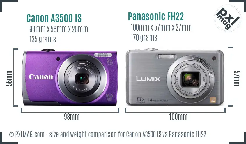 Canon A3500 IS vs Panasonic FH22 size comparison