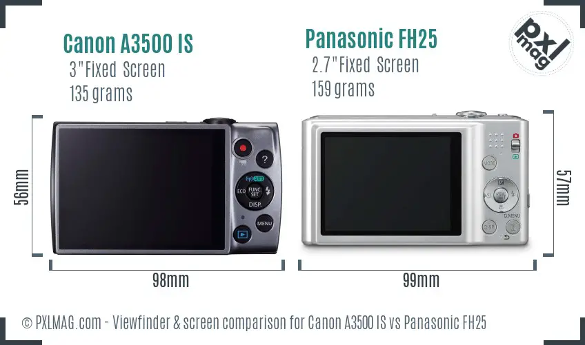 Canon A3500 IS vs Panasonic FH25 Screen and Viewfinder comparison