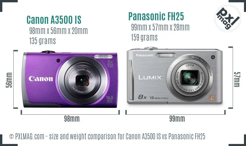 Canon A3500 IS vs Panasonic FH25 size comparison