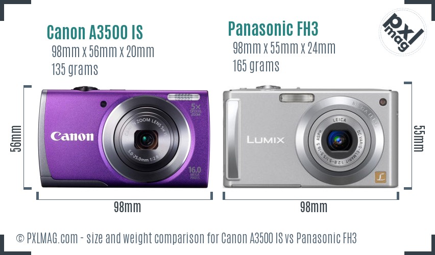 Canon A3500 IS vs Panasonic FH3 size comparison