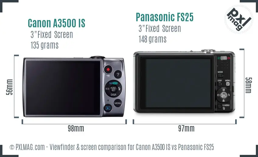 Canon A3500 IS vs Panasonic FS25 Screen and Viewfinder comparison