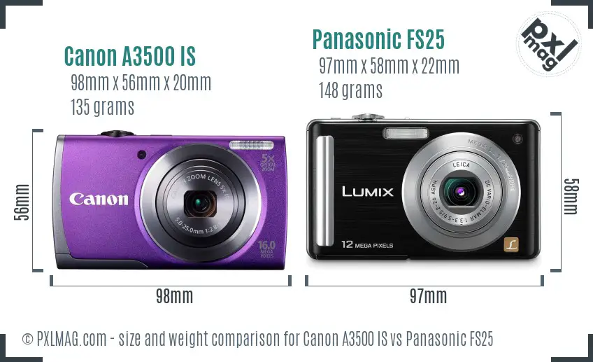 Canon A3500 IS vs Panasonic FS25 size comparison