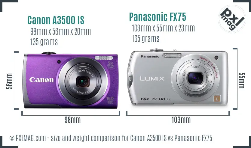 Canon A3500 IS vs Panasonic FX75 size comparison
