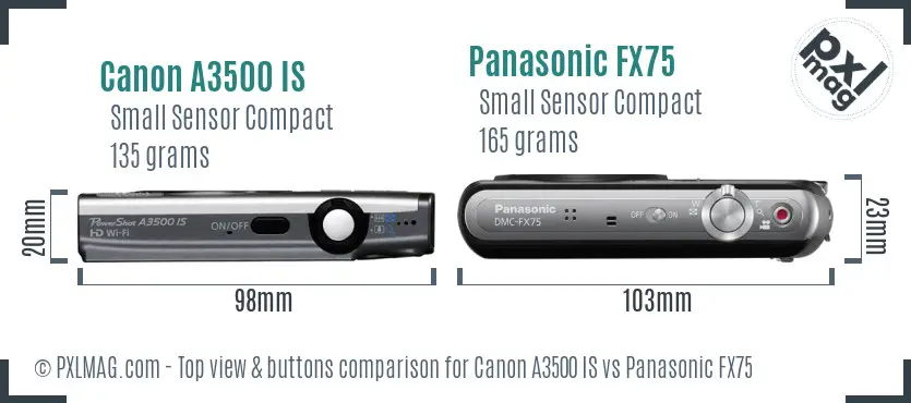 Canon A3500 IS vs Panasonic FX75 top view buttons comparison