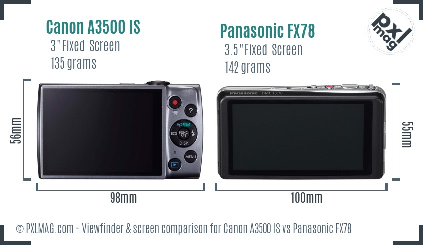 Canon A3500 IS vs Panasonic FX78 Screen and Viewfinder comparison