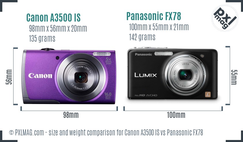 Canon A3500 IS vs Panasonic FX78 size comparison Canon A3500 IS vs Panasonic FX78 size comparison
