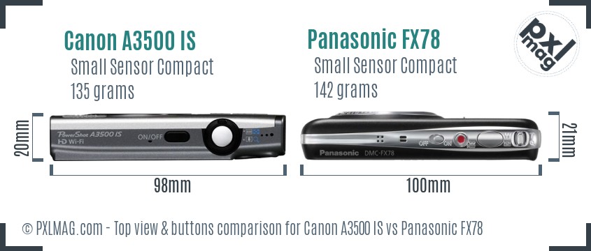 Canon A3500 IS vs Panasonic FX78 top view buttons comparison