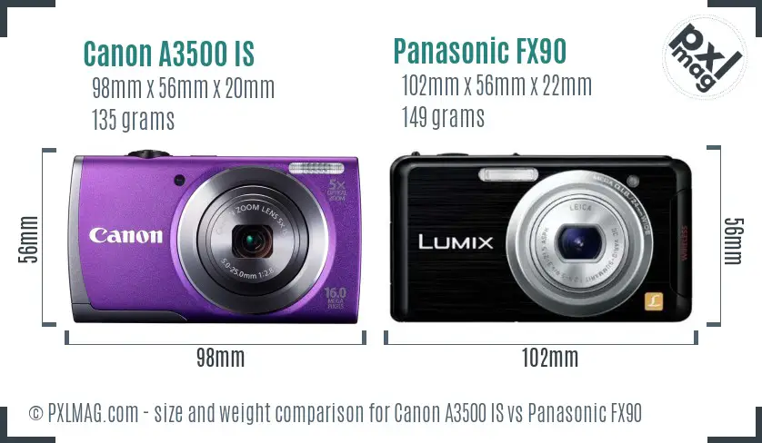 Canon A3500 IS vs Panasonic FX90 size comparison