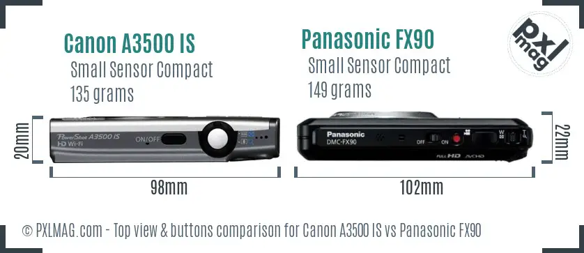 Canon A3500 IS vs Panasonic FX90 top view buttons comparison