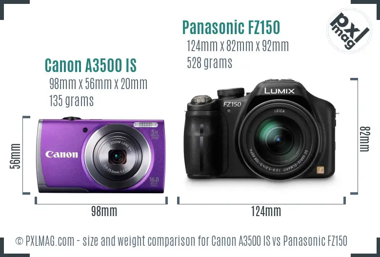 Canon A3500 IS vs Panasonic FZ150 size comparison