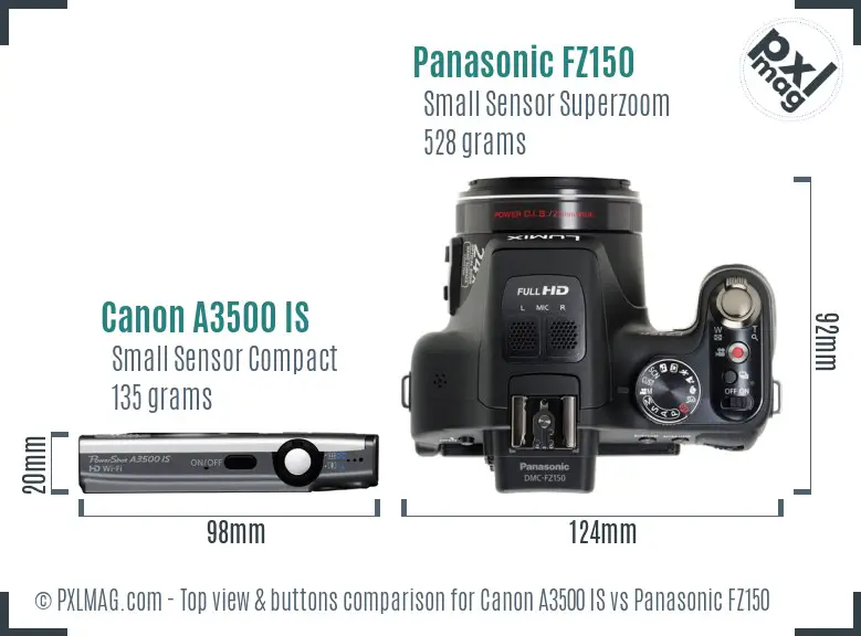 Canon A3500 IS vs Panasonic FZ150 top view buttons comparison