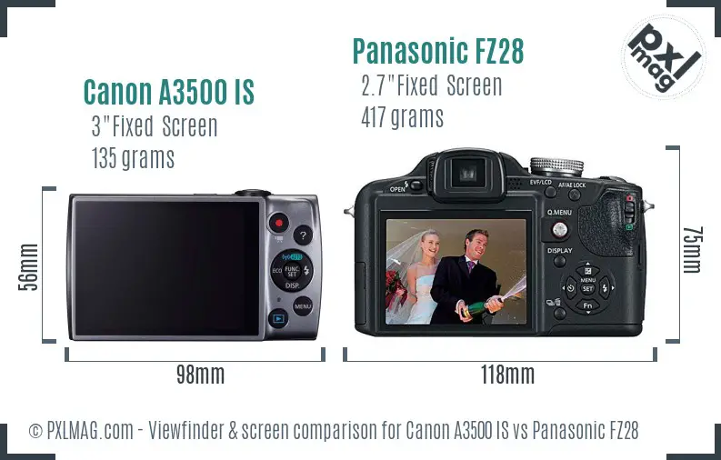 Canon A3500 IS vs Panasonic FZ28 Screen and Viewfinder comparison Canon A3500 IS vs Panasonic FZ28 Screen and Viewfinder comparison