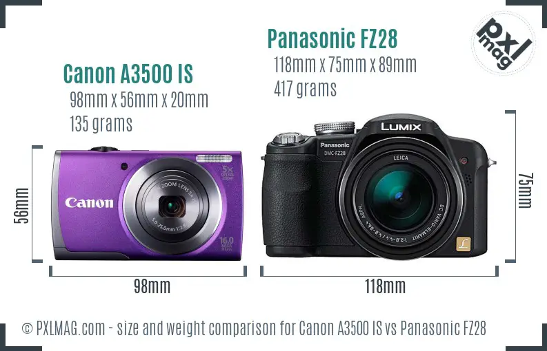 Canon A3500 IS vs Panasonic FZ28 size comparison Canon A3500 IS vs Panasonic FZ28 size comparison