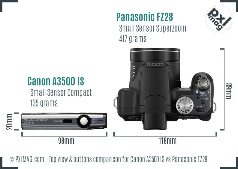 Canon A3500 IS vs Panasonic FZ28 top view buttons comparison Canon A3500 IS vs Panasonic FZ28 top view buttons comparison