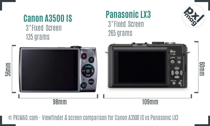 Canon A3500 IS vs Panasonic LX3 Screen and Viewfinder comparison