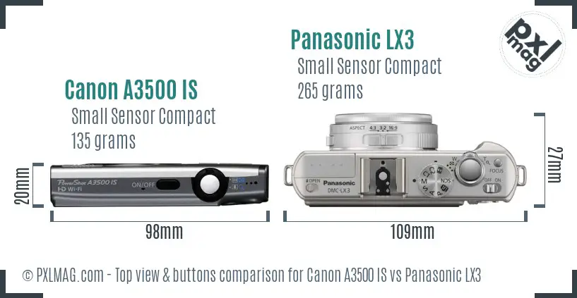 Canon A3500 IS vs Panasonic LX3 top view buttons comparison