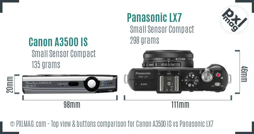 Canon A3500 IS vs Panasonic LX7 top view buttons comparison