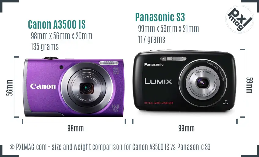 Canon A3500 IS vs Panasonic S3 size comparison