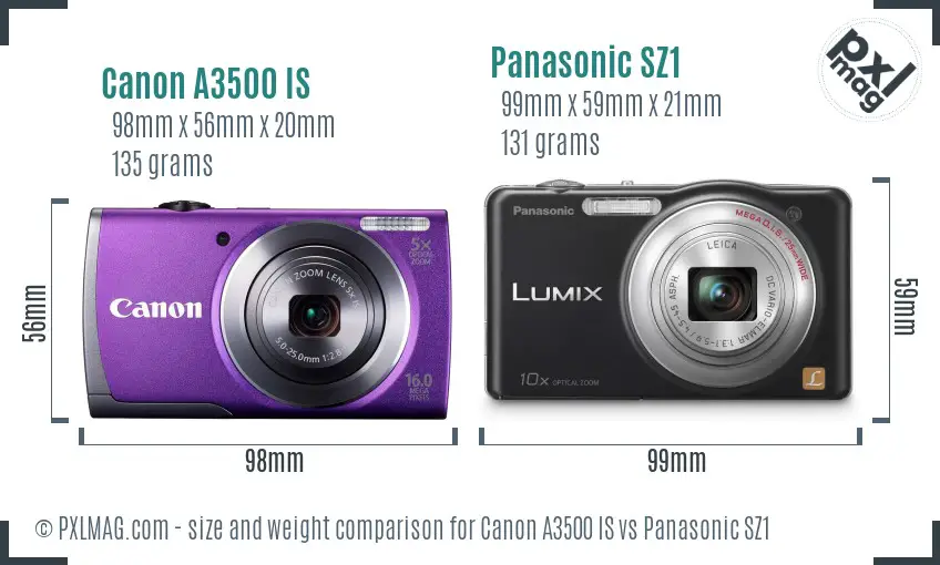 Canon A3500 IS vs Panasonic SZ1 size comparison