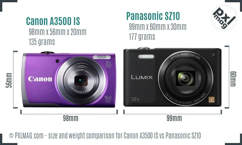 Canon A3500 IS vs Panasonic SZ10 size comparison