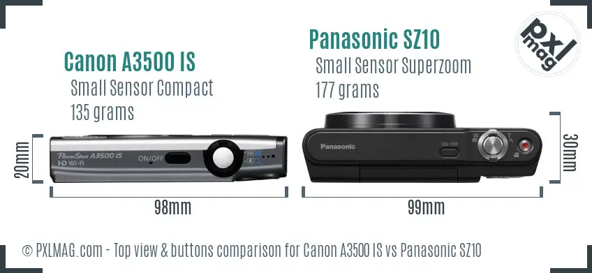 Canon A3500 IS vs Panasonic SZ10 top view buttons comparison