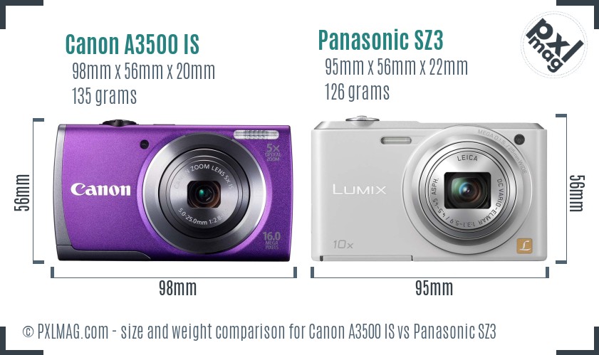 Canon A3500 IS vs Panasonic SZ3 size comparison