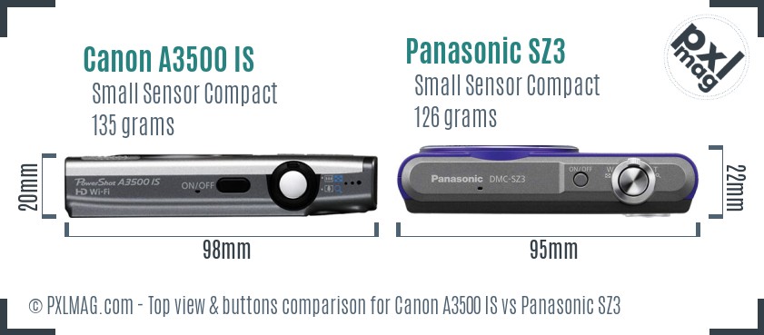 Canon A3500 IS vs Panasonic SZ3 top view buttons comparison