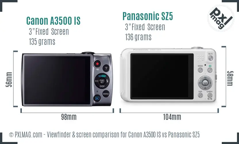 Canon A3500 IS vs Panasonic SZ5 Screen and Viewfinder comparison