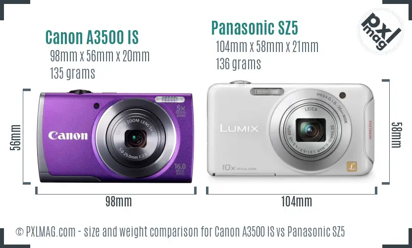 Canon A3500 IS vs Panasonic SZ5 size comparison