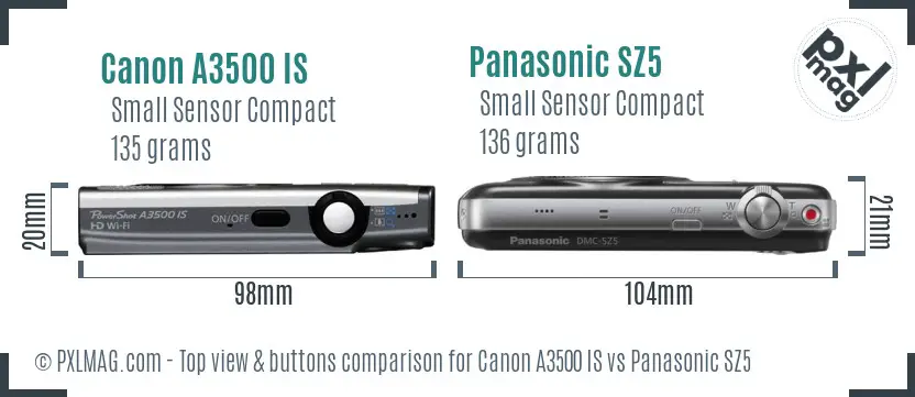 Canon A3500 IS vs Panasonic SZ5 top view buttons comparison