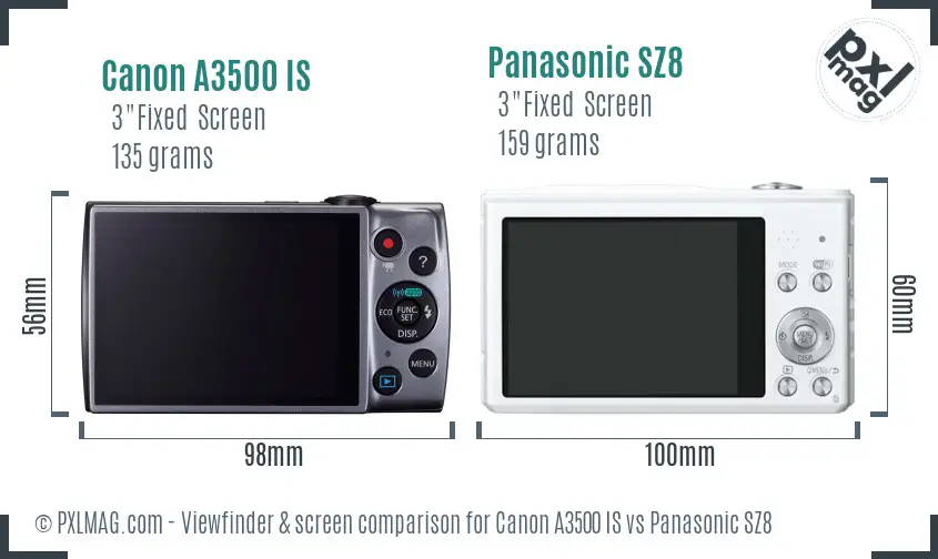 Canon A3500 IS vs Panasonic SZ8 Screen and Viewfinder comparison