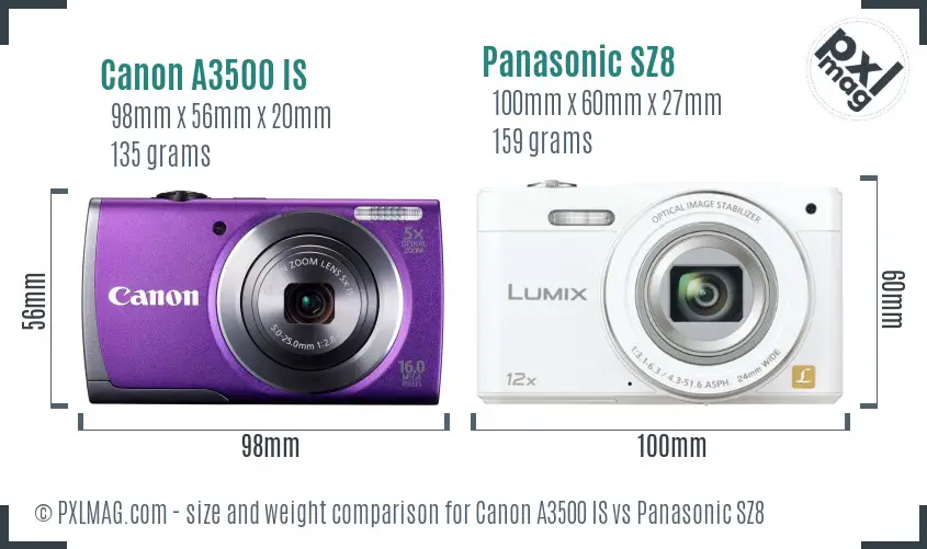 Canon A3500 IS vs Panasonic SZ8 size comparison