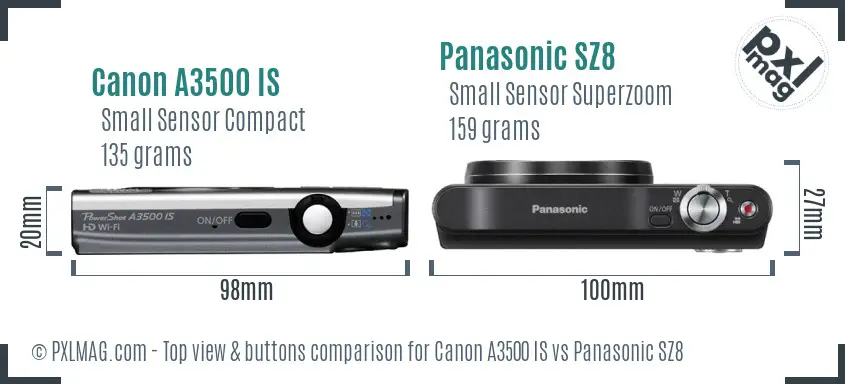 Canon A3500 IS vs Panasonic SZ8 top view buttons comparison