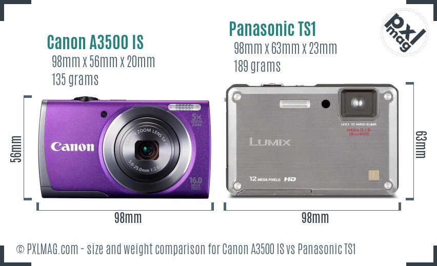 Canon A3500 IS vs Panasonic TS1 size comparison