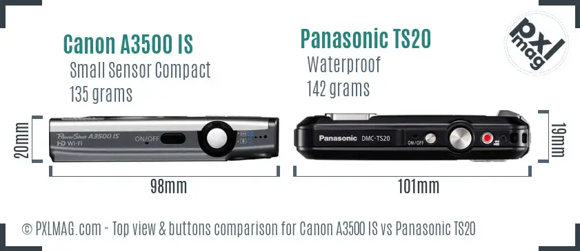 Canon A3500 IS vs Panasonic TS20 top view buttons comparison Canon A3500 IS vs Panasonic TS20 top view buttons comparison