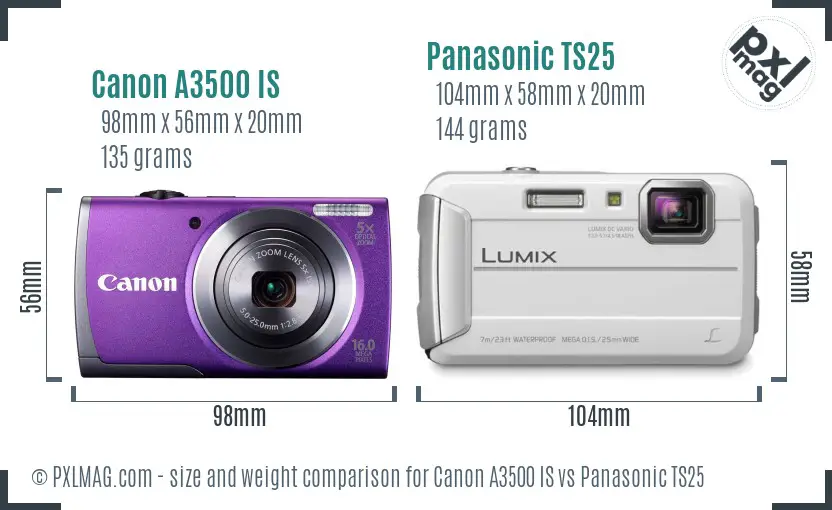 Canon A3500 IS vs Panasonic TS25 size comparison Canon A3500 IS vs Panasonic TS25 size comparison