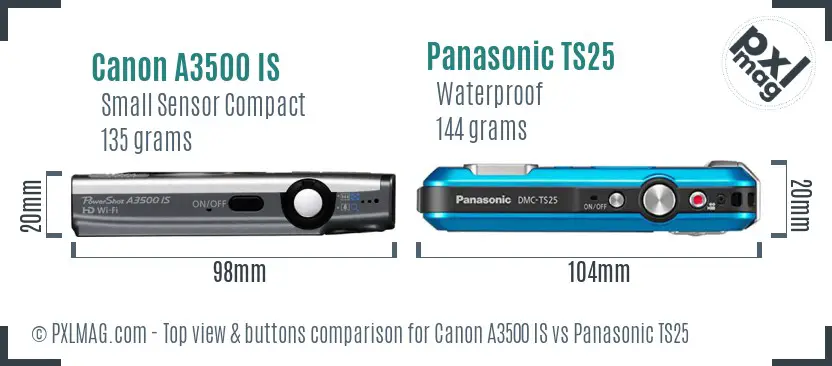 Canon A3500 IS vs Panasonic TS25 top view buttons comparison Canon A3500 IS vs Panasonic TS25 top view buttons comparison