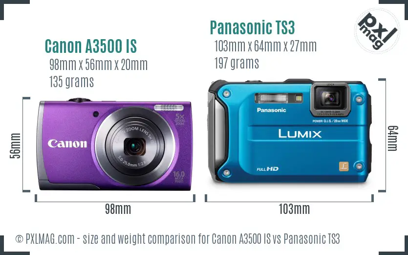 Canon A3500 IS vs Panasonic TS3 size comparison
