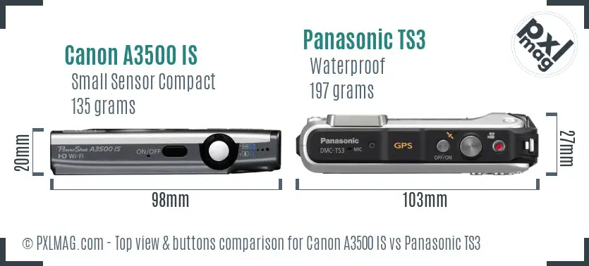 Canon A3500 IS vs Panasonic TS3 top view buttons comparison