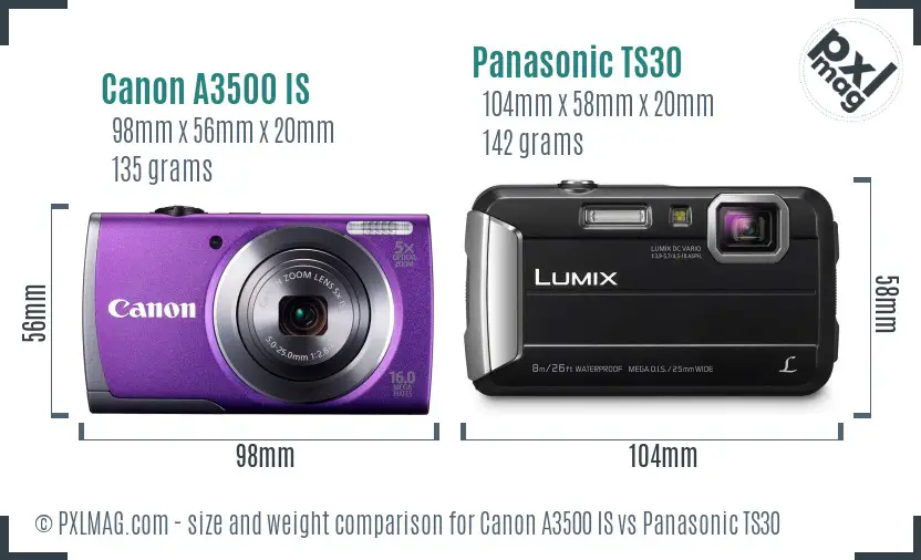Canon A3500 IS vs Panasonic TS30 size comparison