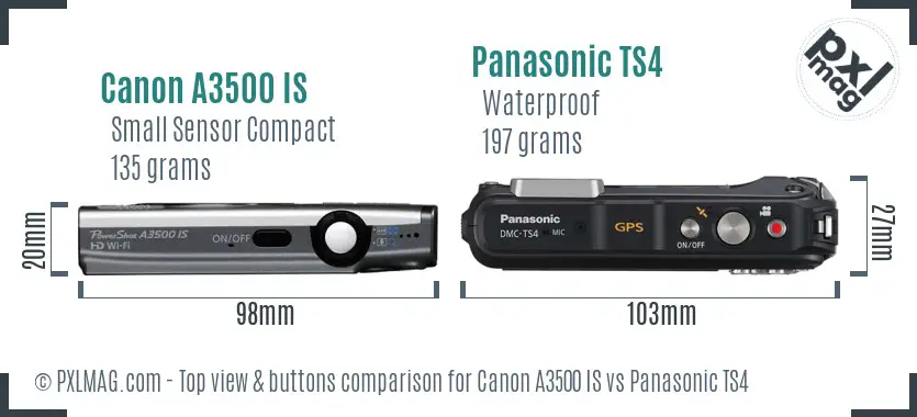 Canon A3500 IS vs Panasonic TS4 top view buttons comparison Canon A3500 IS vs Panasonic TS4 top view buttons comparison