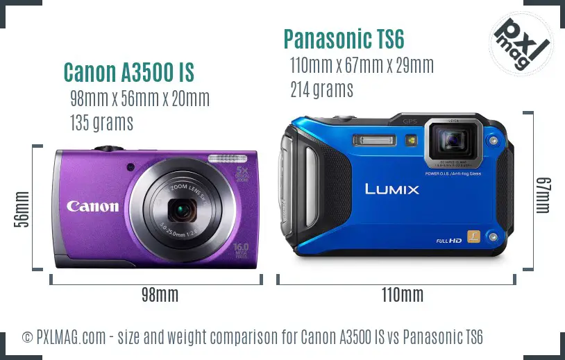 Canon A3500 IS vs Panasonic TS6 size comparison