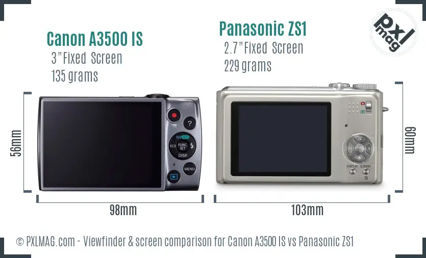 Canon A3500 IS vs Panasonic ZS1 Screen and Viewfinder comparison