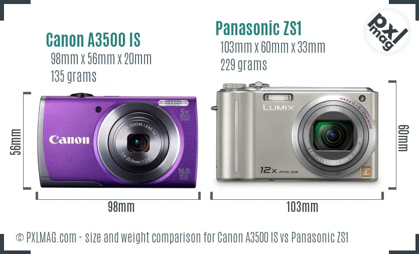 Canon A3500 IS vs Panasonic ZS1 size comparison