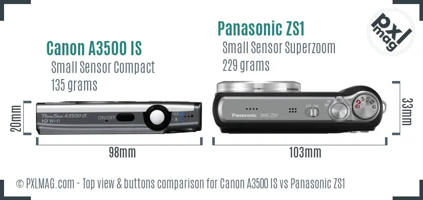 Canon A3500 IS vs Panasonic ZS1 top view buttons comparison