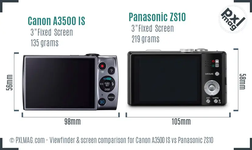 Canon A3500 IS vs Panasonic ZS10 Screen and Viewfinder comparison
