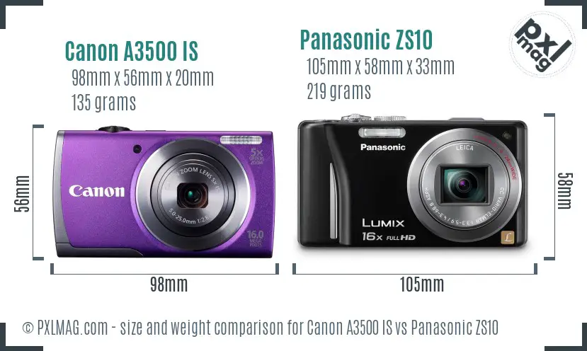 Canon A3500 IS vs Panasonic ZS10 size comparison