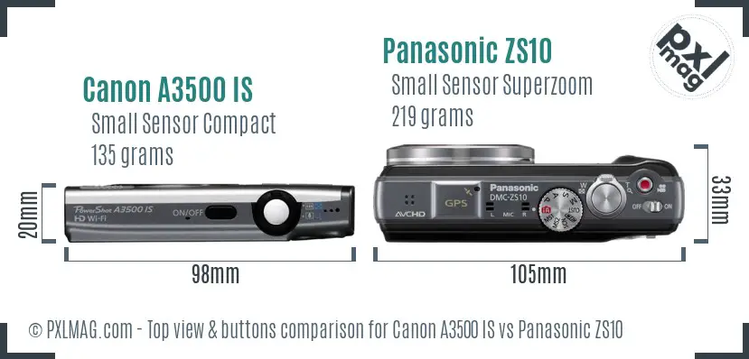 Canon A3500 IS vs Panasonic ZS10 top view buttons comparison