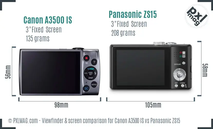 Canon A3500 IS vs Panasonic ZS15 Screen and Viewfinder comparison