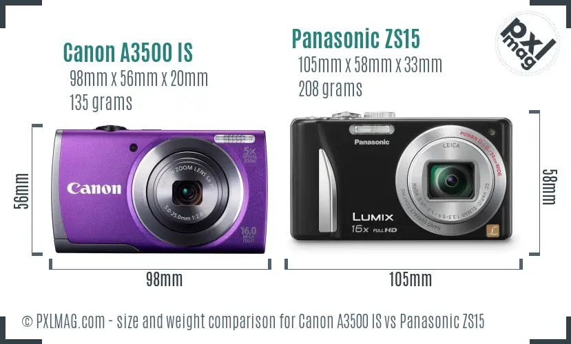Canon A3500 IS vs Panasonic ZS15 size comparison